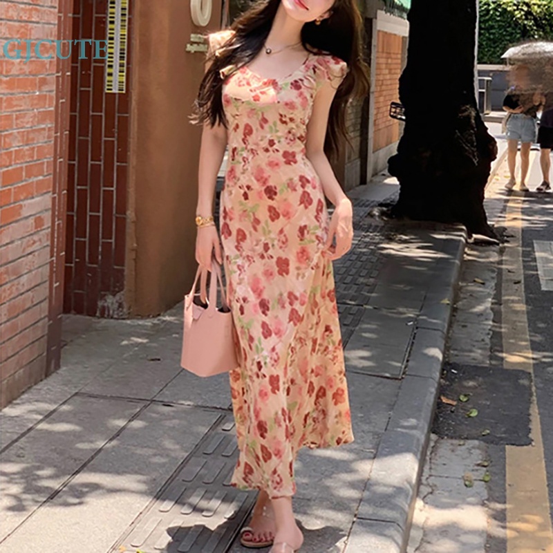 Đầm midi GJCUTE tay cánh tiên in họa tiết vintage thanh lịch thường ngày cho nữ