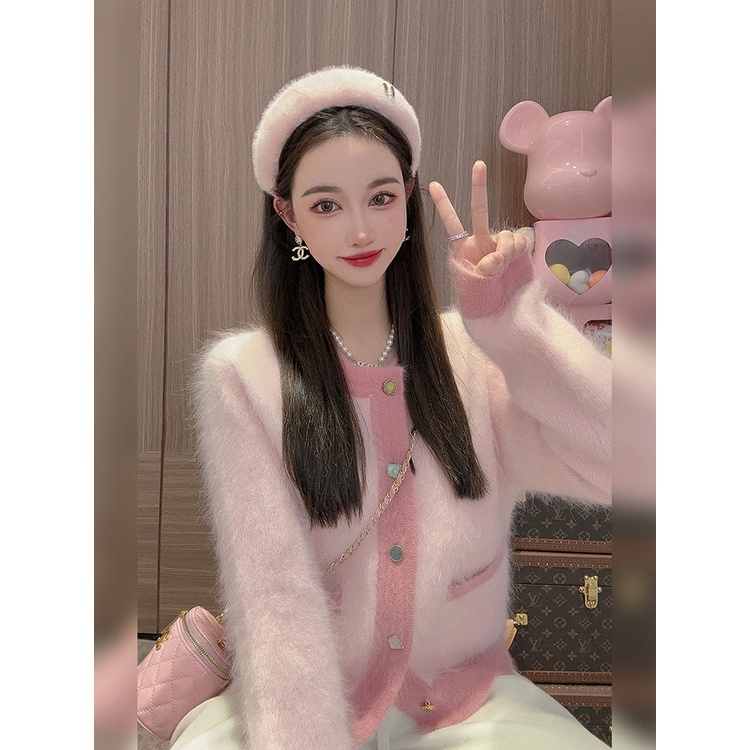 Áo Khoác cardigan Dệt Kim Vải Lông Cừu Màu Hồng Phong Cách Pháp Thời Trang Thu Đông Mới Cho Nữ