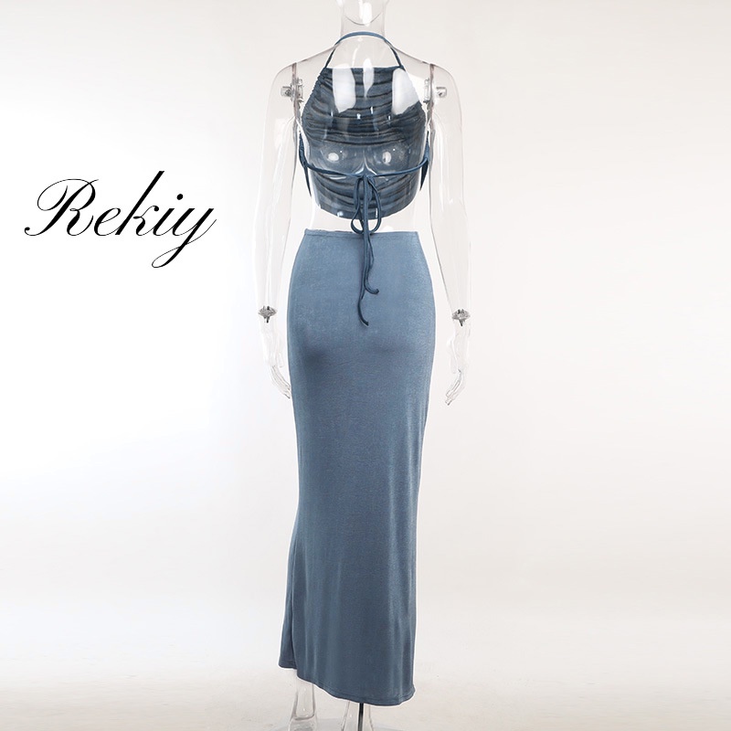 Rekiy women individual sets 2023 new tendency shrinking pleated backless navel short top + slim-fitting hip-wrapped skirt set