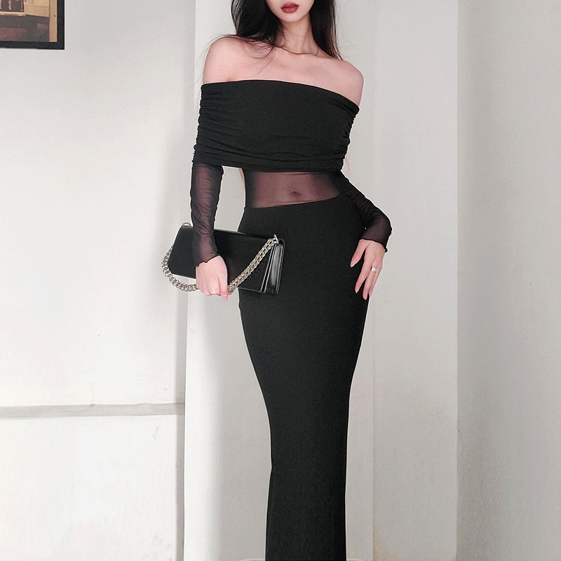 Phụ nữ sexy off shoulder mesh patchwork pleated sheath long dress