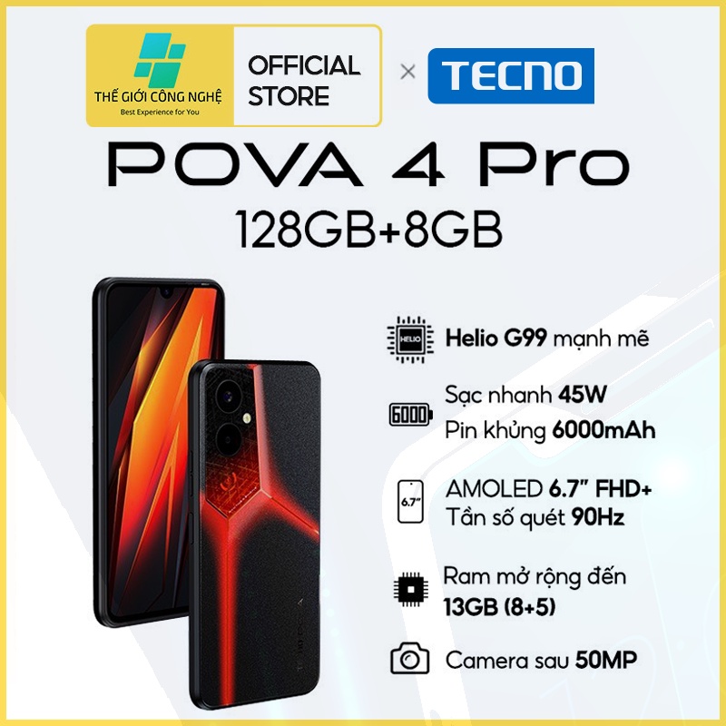 Điện thoại Gaming Tecno POVA 4 PRO 8GB/128GB - Media Tek G99 | 6000 mAh | Sạc nhanh 45W - Hàng Chính Hãng - BH 13 Tháng