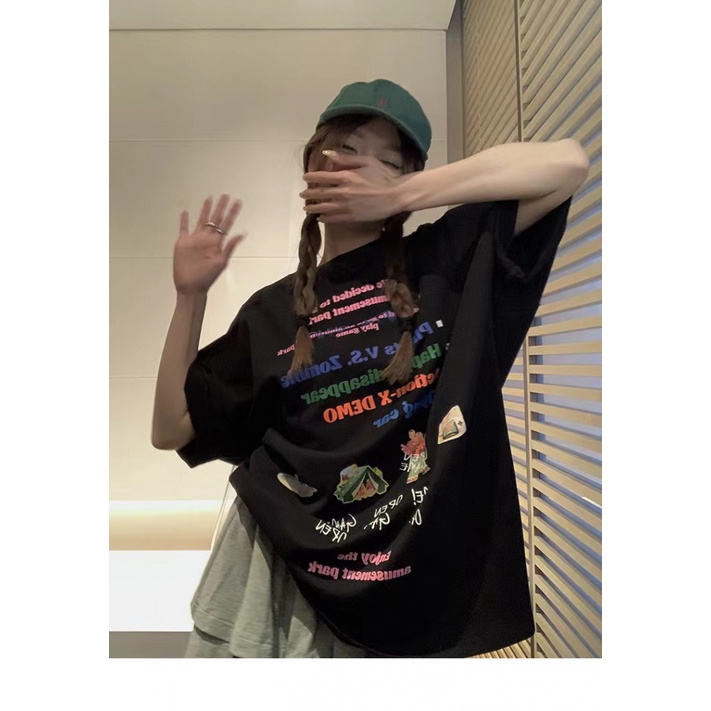 Áo Thun Ngắn Tay Cổ Tròn Dáng Rộng In Họa Tiết Thời Trang Mùa Hè Hàn Quốc Cho Nữ