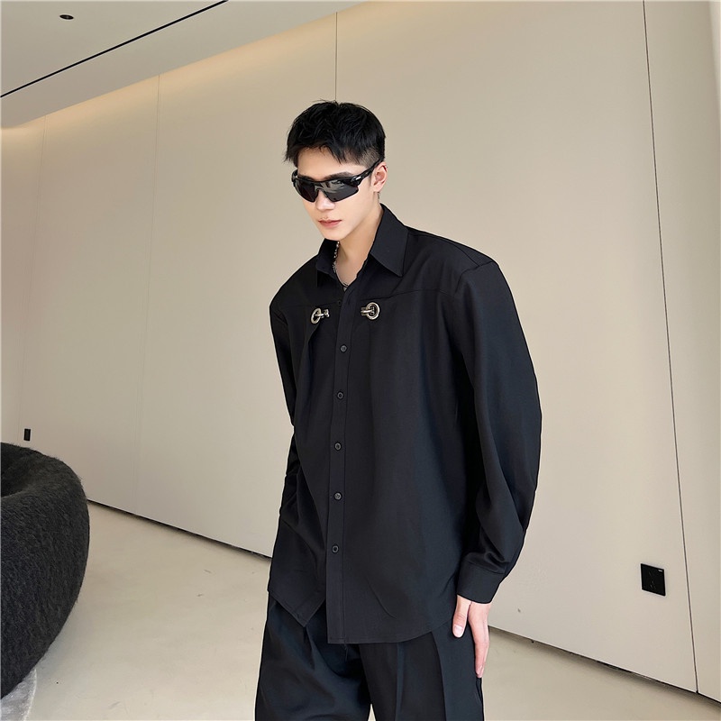 Áo Sơ Mi Đen Tay Dài Dáng Rộng Thời Trang Xuân Hè Cho Nam