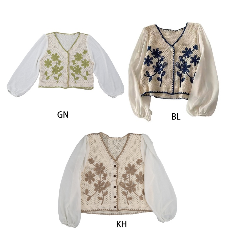 Áo Khoác Chiffon Dệt Kim Tay Dài Cổ Chữ V Cài Nút In Hoa Kiểu Pháp Cho Nữ