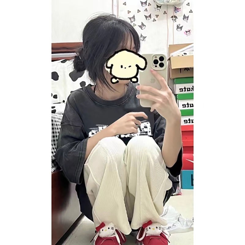 NRVP Áo Thun Đen 100% Cotton Tay Ngắn Dáng Rộng In Hoạ Tiết Độc Đáo