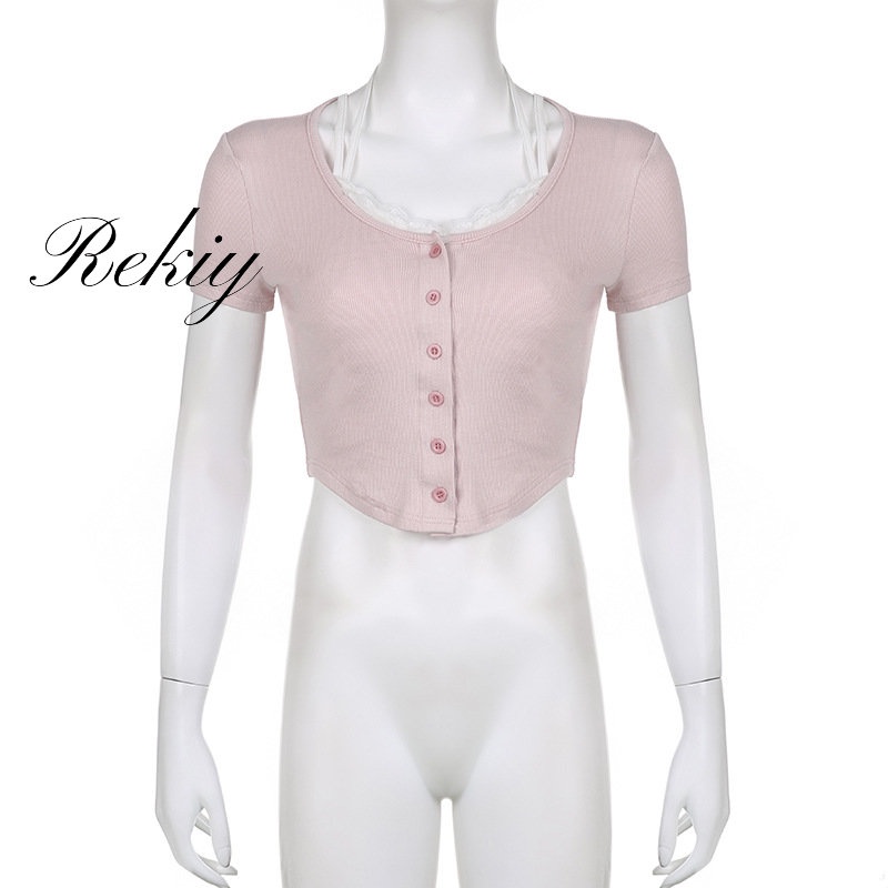 Áo Thun Dệt Kim Tay Ngắn Phối Ren Thời Trang 2023 Cho Nữ