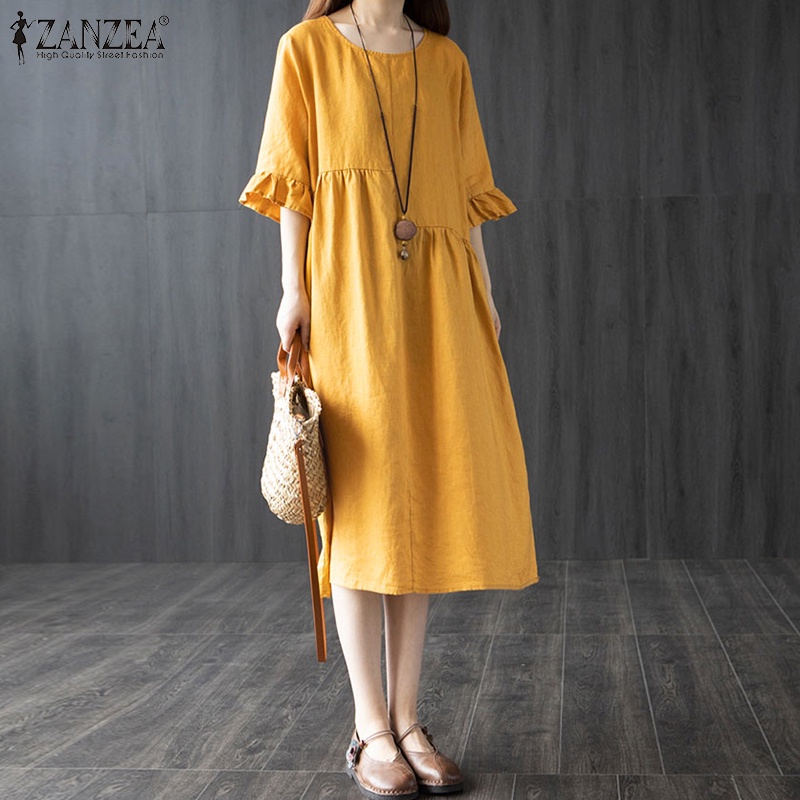 Đầm nữ ZANZEA tay lửng cổ tròn phối bèo thời trang