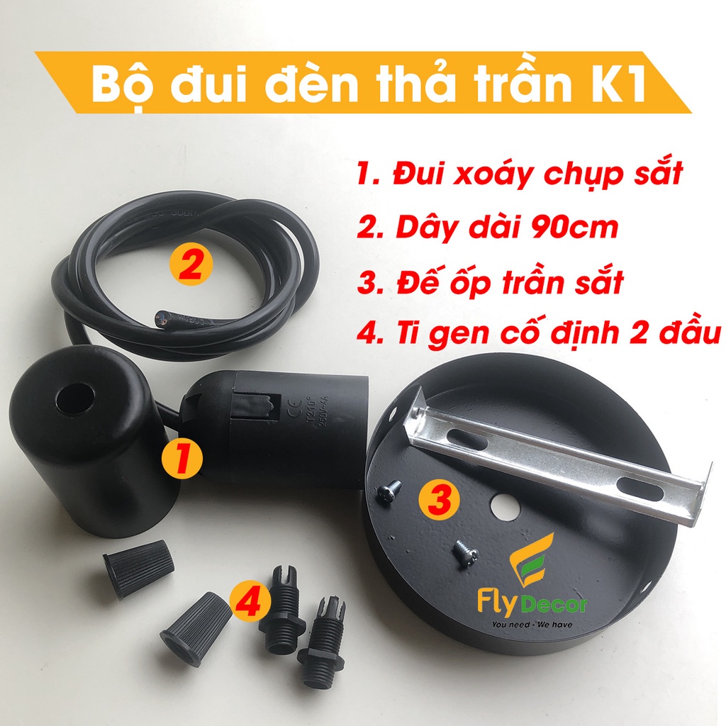 Dây đui đèn thả kèm đế ốp trần trang trí E27, đui xoáy, đèn liền dây dài 90cm