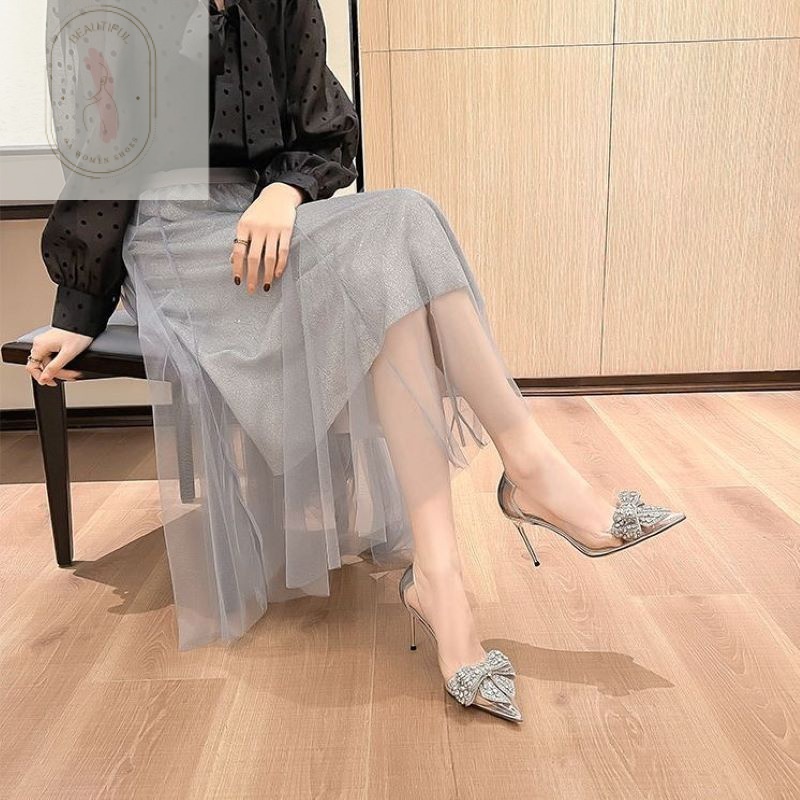 Giày Cao Gót Mũi Nhọn Trong Suốt Đính Đá Trang Trí Sang Trọng Thời Trang Xuân Hè 2023 Cho Nữ