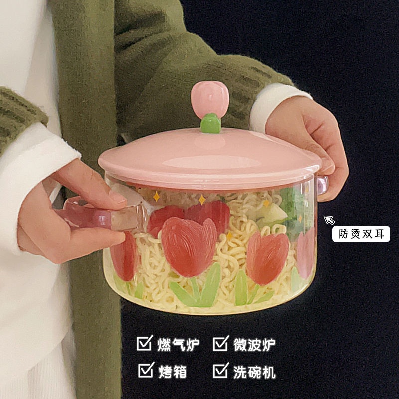 Tô Ăn Mì Ăn Liền Bằng Thủy Tinh Dung Tích Lớn Có Nắp Đậy Hai Tai Dành Cho Học Sinh / Văn Phòng