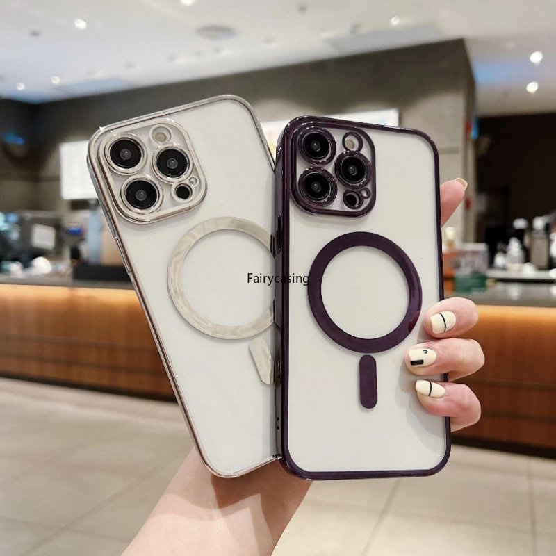 Ốp Điện Thoại Silicon Dẻo Tráng Gương Trong Suốt Kèm Giá Đỡ Từ Tính Sang Trọng Cho iPhone 14 Puls 14 13 Pro Max