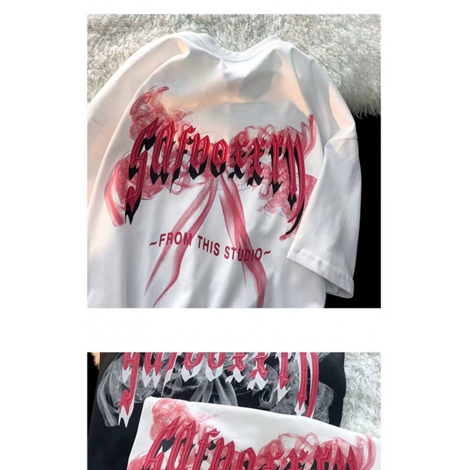 Áo Thun Tay Ngắn Dáng Rộng In Chữ Thắt Nơ Phong Cách Đường Phố Hong Kong Cho Nữ