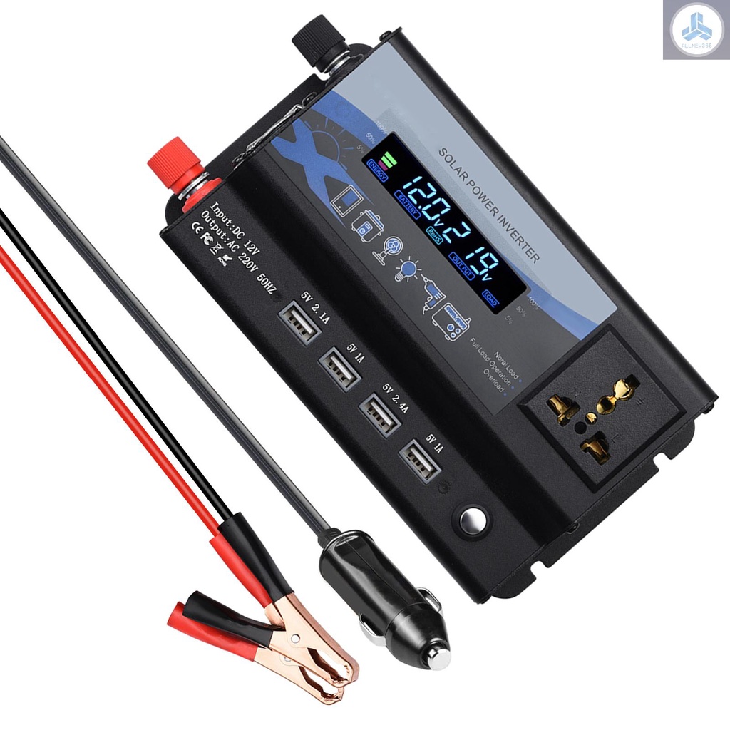 360W Power Inverter Car 12V DC to 220V AC Converter with LCD Display and LED Light 4 USB Ports Car Charger Ports for Smartphones Laptops Tablets
