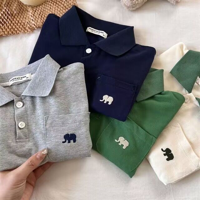 Áo polo Ngắn Tay Thêu Hình Chú Voi Dễ Thương Cho Bé