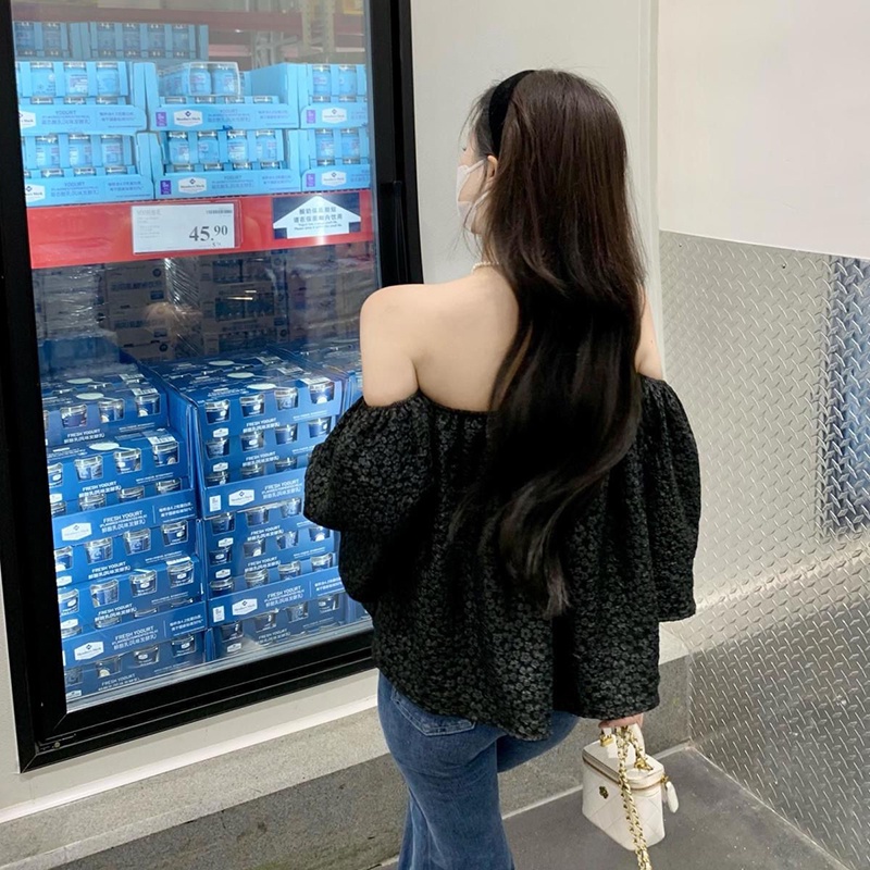 IELGY Áo Kiểu Trễ Vai Tay Ngắn Phồng Phong Cách Pháp Ngọt Ngào Cho Nữ