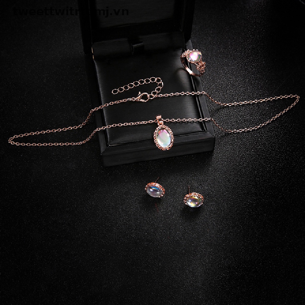 Bộ Trang Sức Vòng cổ Nhẫn / Bông Tai / Nhẫn Mạ Vàng Đính Đá Opal Nhân Tạo Hình Oval Cực Quang Thanh Lịch Cho Nữ
