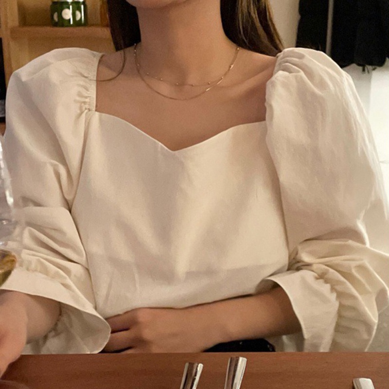 IELGY Áo Kiểu Cổ Vuông Tay Phồng Đơn Giản Dễ Phối Đồ Phong Cách Pháp Cho Nữ