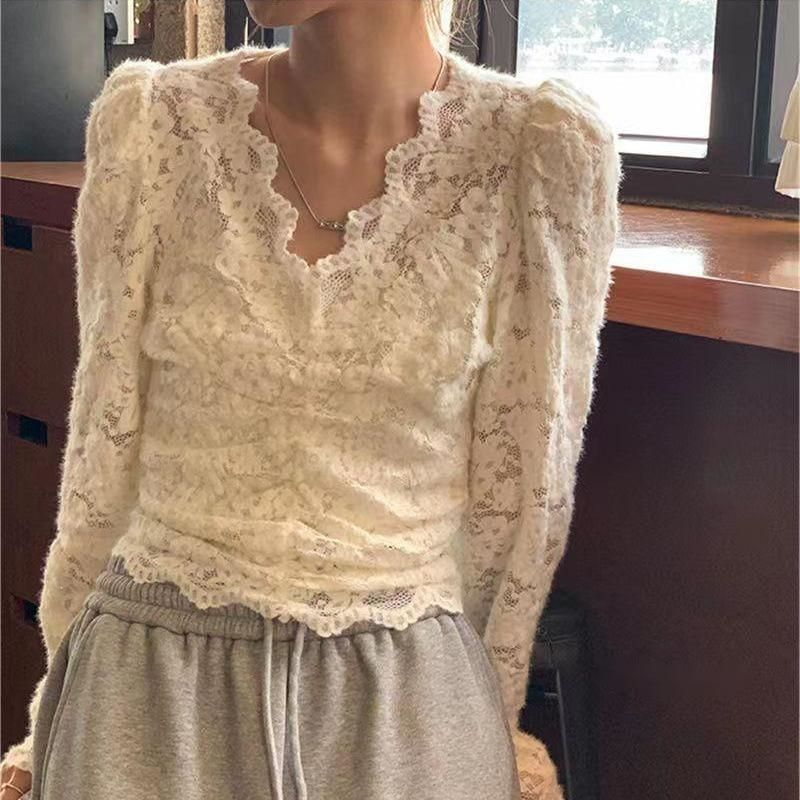 IELGY Áo Kiểu Tay Dài Cổ Chữ v Phối Ren Thời Trang Cho Nữ