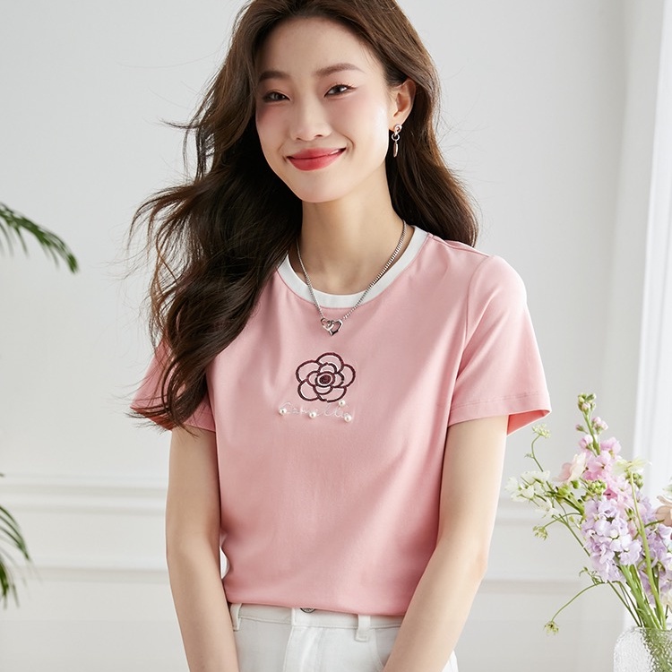 Áo Thun Cotton Tay Ngắn Cổ Tròn Đính Hạt Màu Sắc Tương Phản Thời Trang Mùa Hè Đa Năng