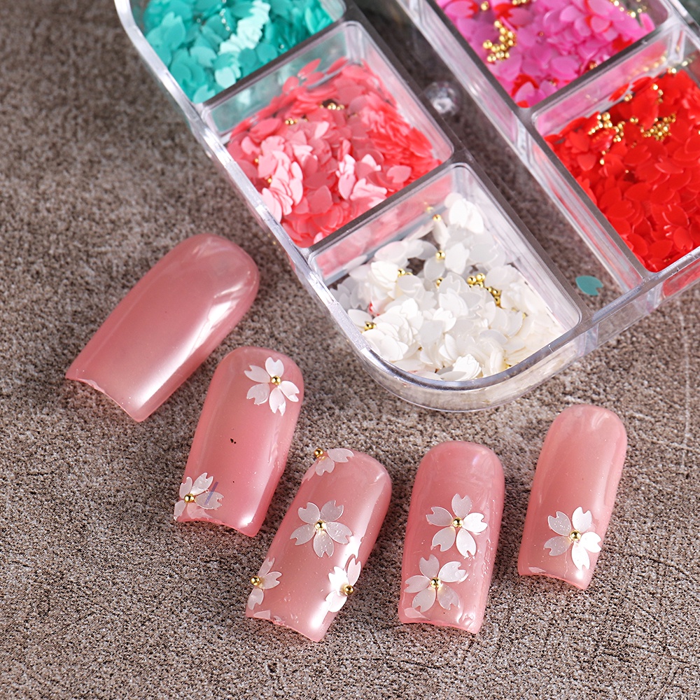 Hộp 12 Ngăn Đựng Hạt Kim Sa Hình Hoa Anh Đào Nhiều Màu Sắc Trang Trí Móng Tay Nghệ Thuật Mùa Hè