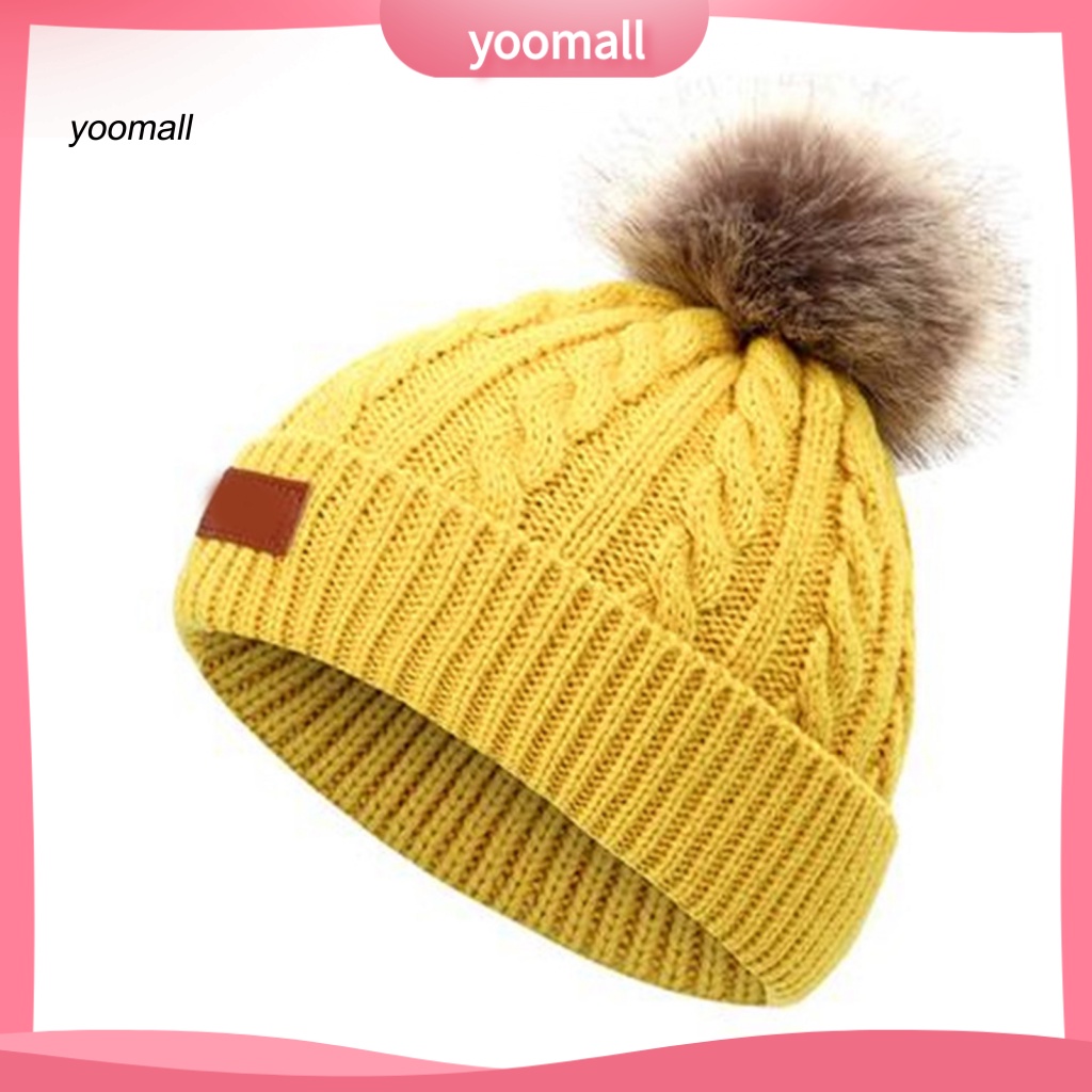 Mũ Beanie Dệt Kim Dày Dặn Đính Quả Bông Thời Trang Thu Đông Cho Bé
