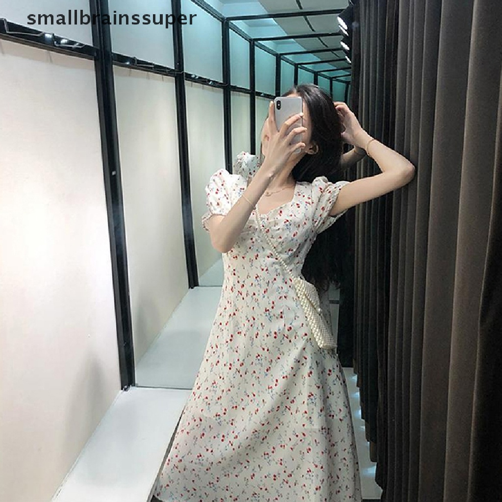 Đầm Midi Tay Ngắn Cổ Vuông Eo Cao Dáng Chữ A Thời Trang Mùa Hè Xinh Xắn Cho Nữ