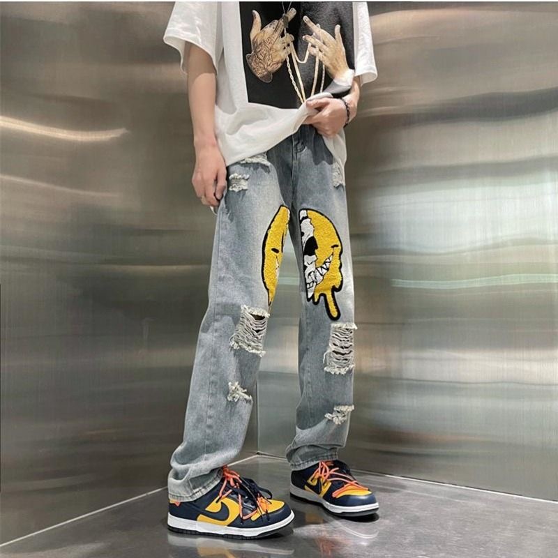 Quần Baggy Jeans Rách Thêu Mặt Cười Phong Cách Hip Hop Mới Y2k