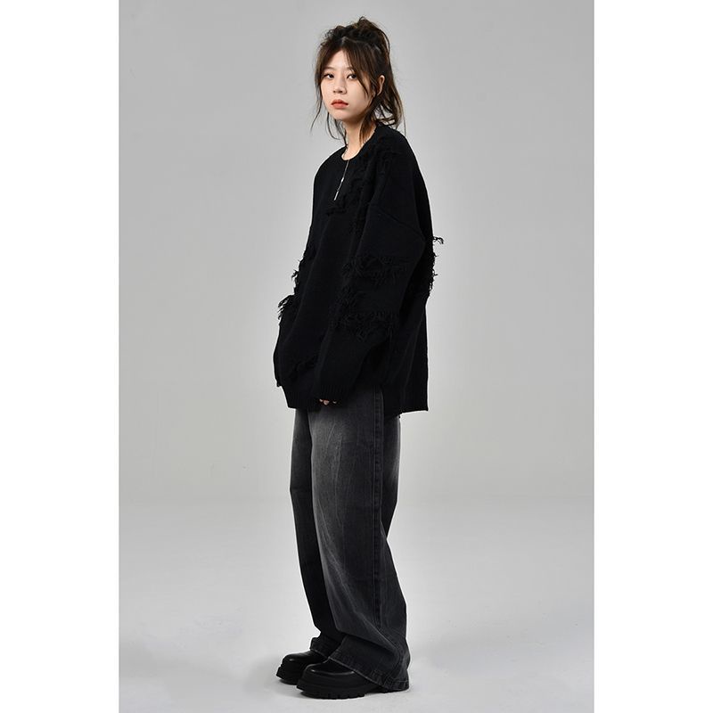 Quần Jean Dài Dáng Rộng Thẳng Màu Đen Thiết Kế Vết Nứt Retro Mỹ Thời Trang Cho Nam