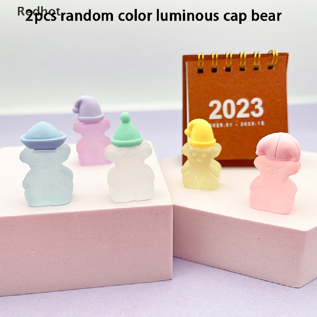 &lt; Redhot &gt; Bộ 2 Tượng Gấu Đội Mũ Mini Bằng Nhựa Phát Quang Dễ Thương Trang Trí Xe Hơi Nhà Cửa DIY