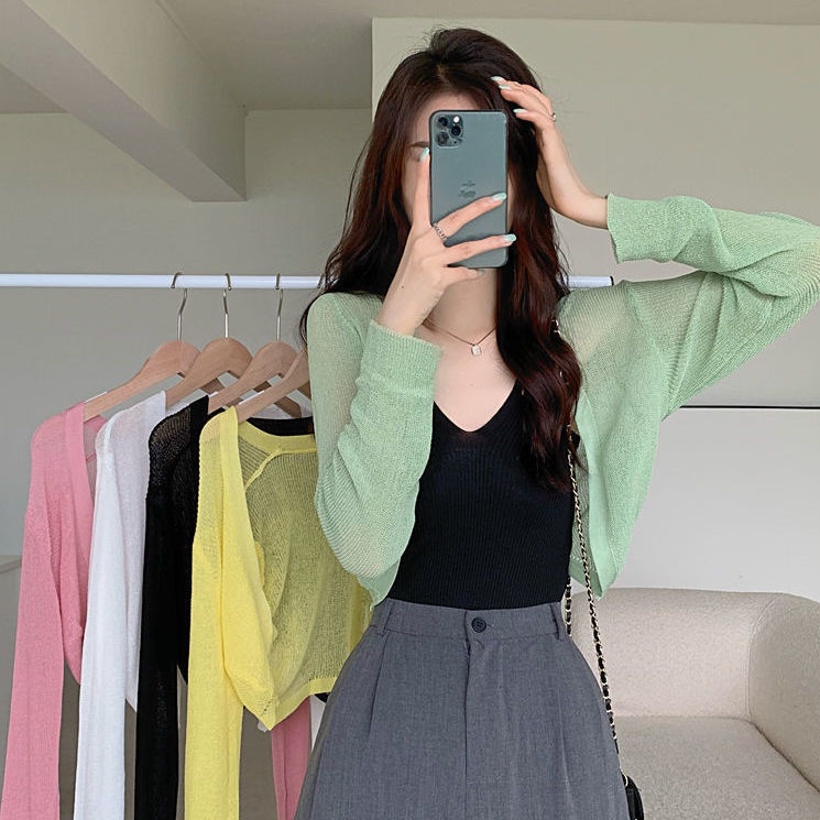 ~ 2023 Áo Khoác Cardigan Dệt Kim Lụa Lạnh Mỏng Dáng Ngắn Thời Trang Chống Nắng Ngoài Trời Cho Nữ