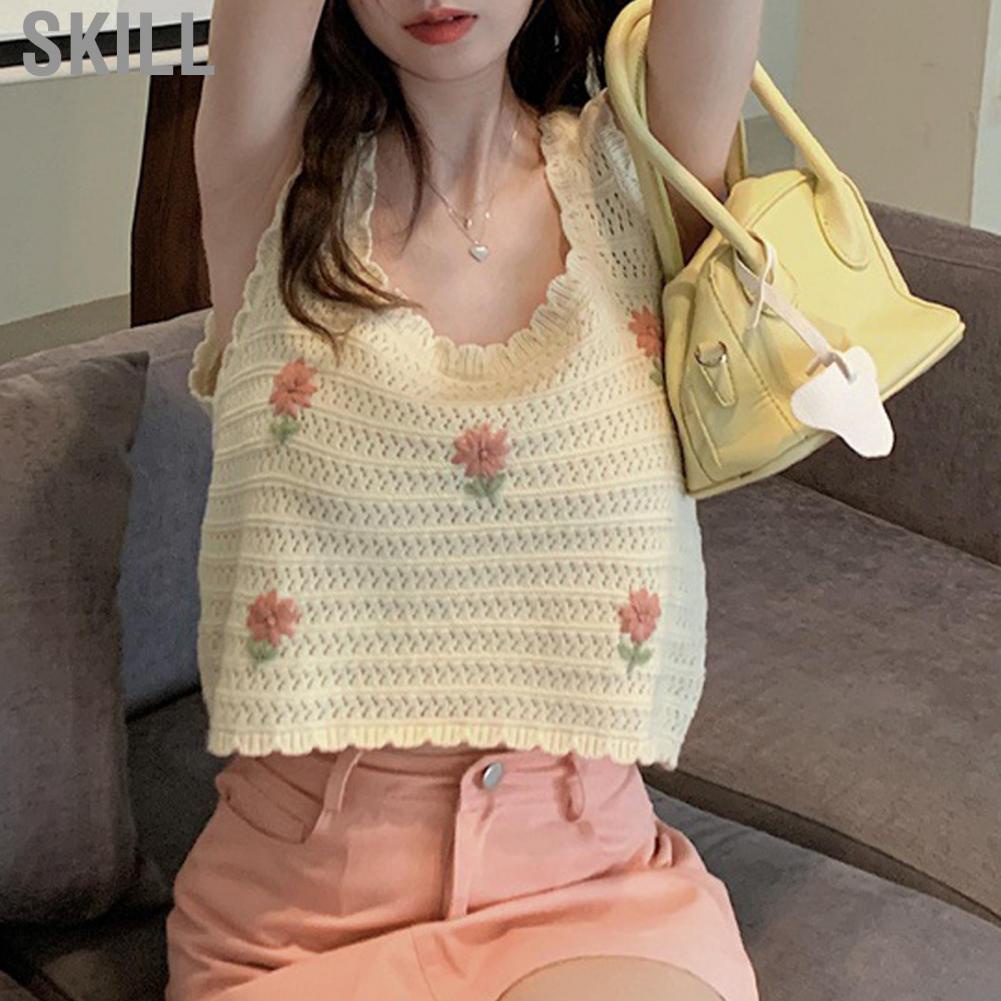 Skill Summer Top  Embroidered Flowers Pattern Spaghetti Strap Women Short for Work