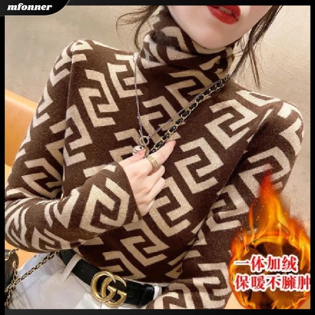 Áo Sweater Cổ Lọ Tay Dài Dáng Ôm Sọc Ca Rô Thời Trang Ấm Áp Xinh Xắn Cho Nữ