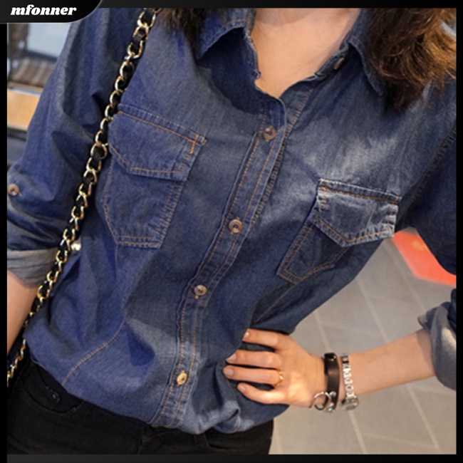 Áo Sơ Mi Denim Tay Dài Màu Sắc Thời Trang Cho Nữ