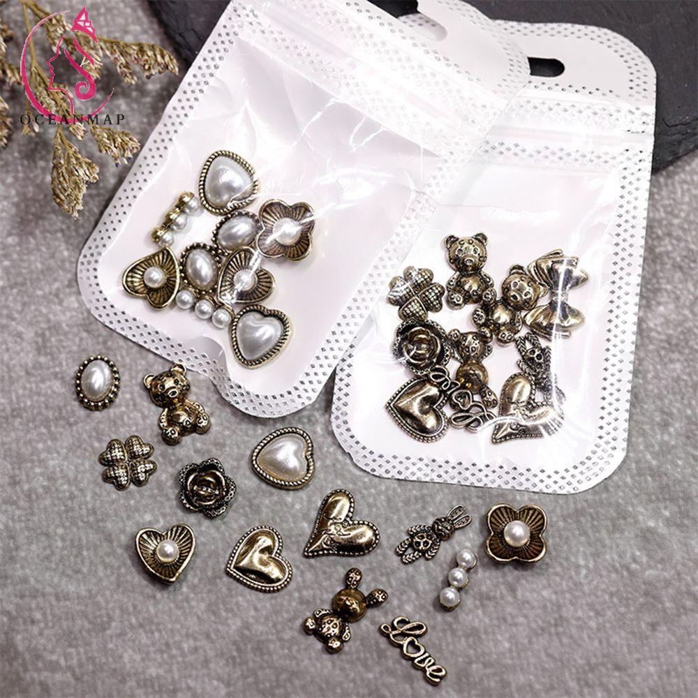 Phụ Kiện Trang Trí Móng Tay Hình Hoa/Gấu Màu Đồng Cổ Điển 3D Thời Trang