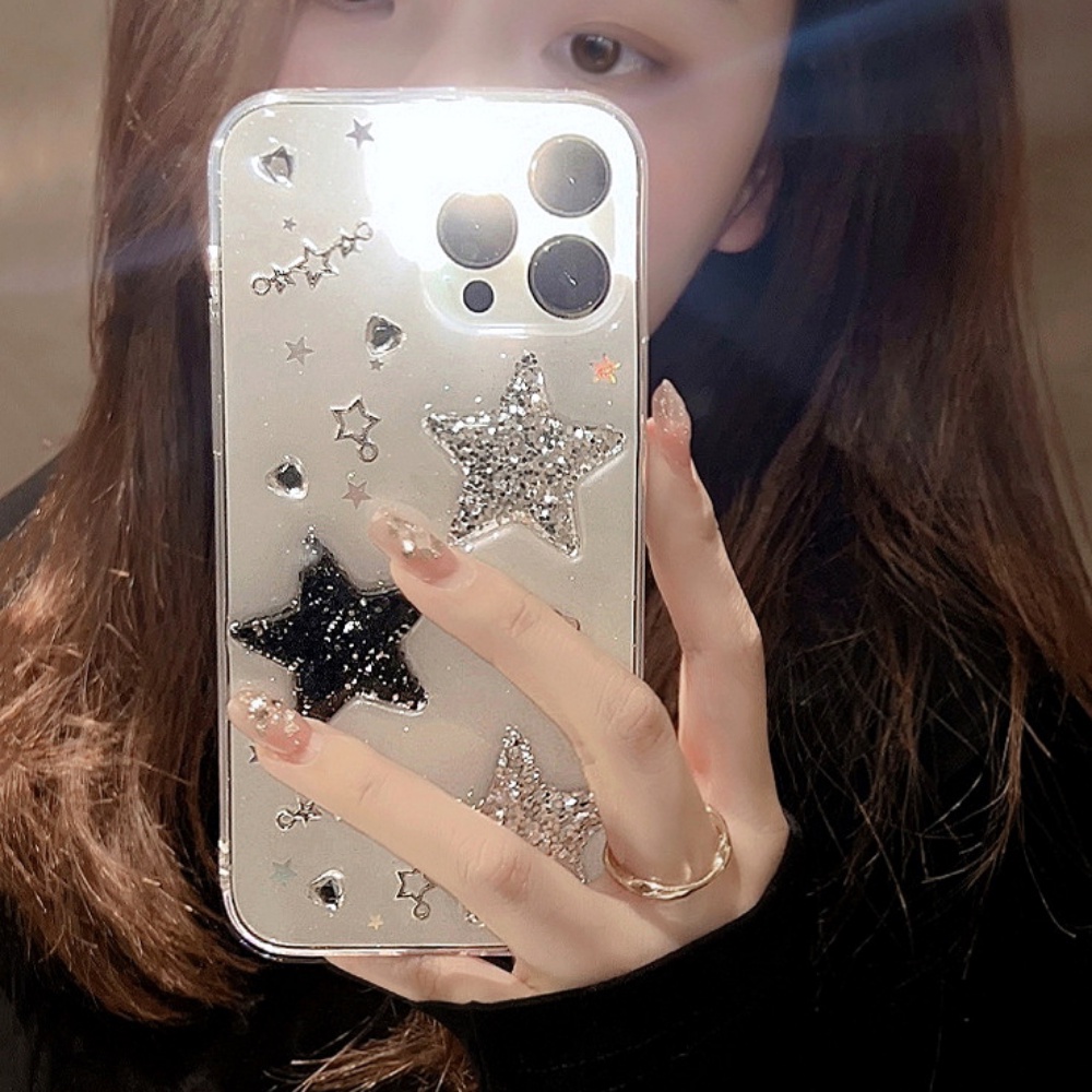 Ốp Điện Thoại TPU Mềm Chống Rơi Phối Bột Bạc Hình Ngôi Sao 3D Sang Trọng Cho IPhone 14 13 12 11 Pro Max X XR 8 7 Plus SE