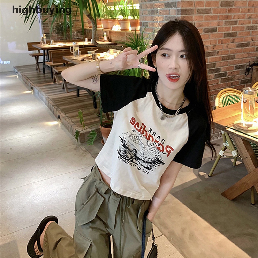 Áo Thun Lửng Ngắn Tay Cổ Tròn In Họa Tiết Phong Cách Retro Mỹ