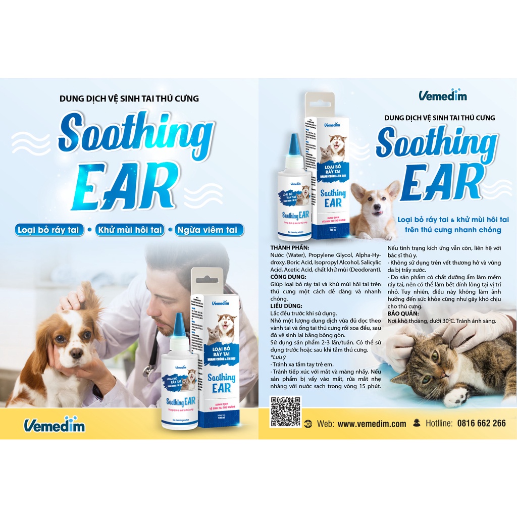 Dung Dịch Vệ Sinh Tai Cho Chó Mèo Vemedim Soothing Ear - Loại Bỏ Ráy Tai, Hôi tai, Ngừa v̷ιêм