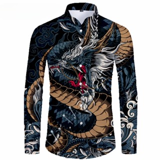 Áo Sơ Mi Dài Tay Oversize Họa Tiết Xăm Rồng 3D Phong Cách Hawaii Vintage Sang Trọng Dành Cho Nam 2023