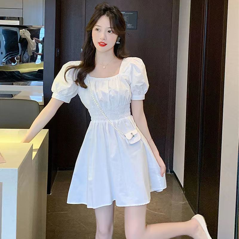 Đầm Dáng Chữ a Cổ Vuông Tay Phồng Ôm Eo Kiểu Pháp Thời Trang Mùa Hè Cho Nữ