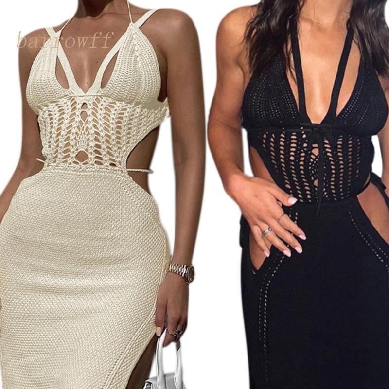 Đầm Dệt Kim Midi Cổ V Hở Lưng Xẻ Tà Thời Trang Mùa Hè Cho Nữ