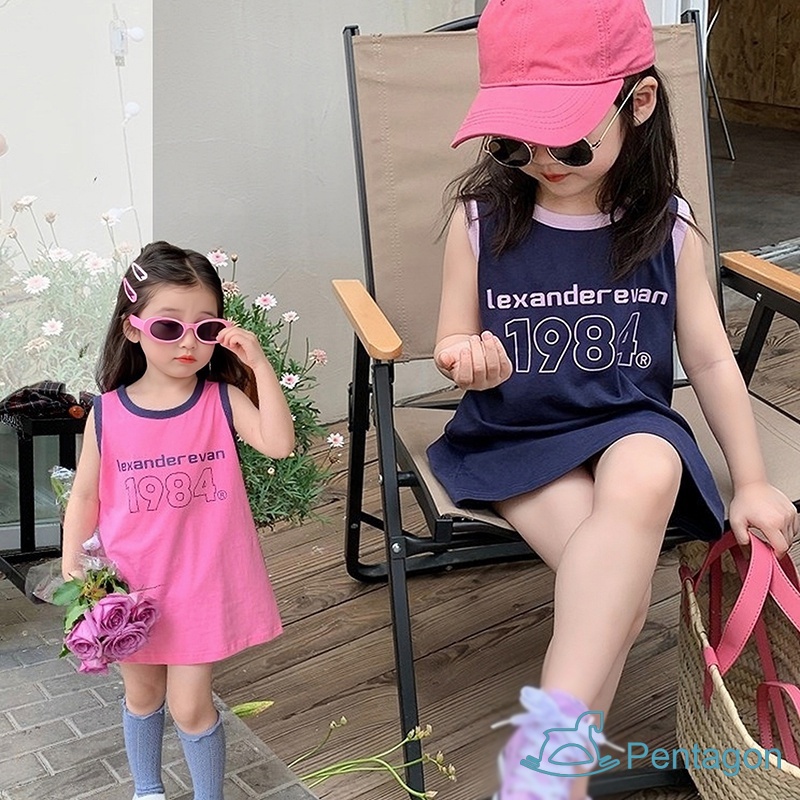 Đầm Thun Không Tay Cổ Tròn In Chữ Thời Trang Mùa Hè Dành Cho Bé Gái