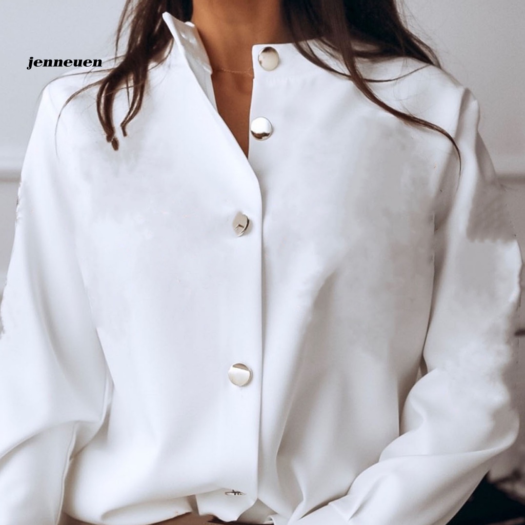 Áo Sơ Mi Tay Dài Cổ Tròn Màu Trơn Cài Khuy Đơn Giản Thời Trang Cho Bạn Gái