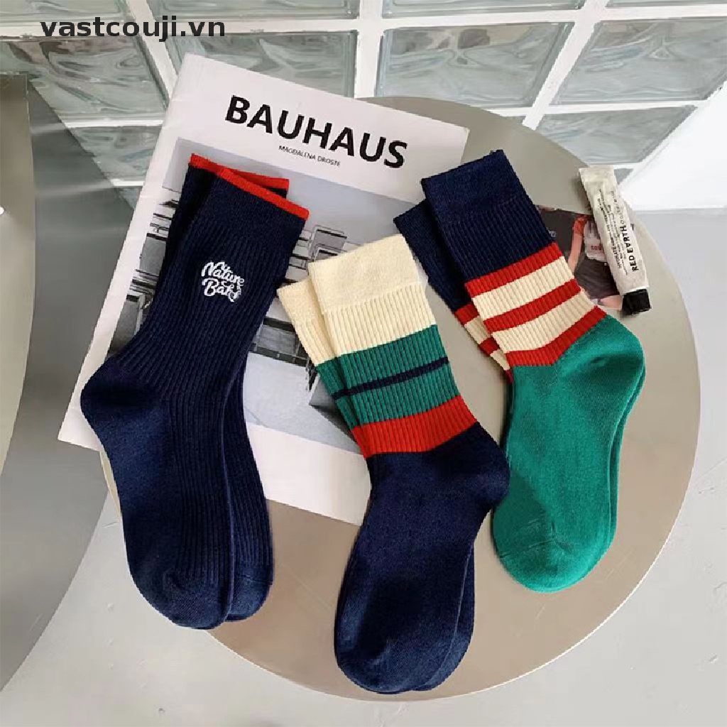 Vớ Cotton Mỏng Thoáng Khí Thêu Họa Tiết Sọc Xanh Dương Phong Cách Hip Hop Thời Trang Unisex