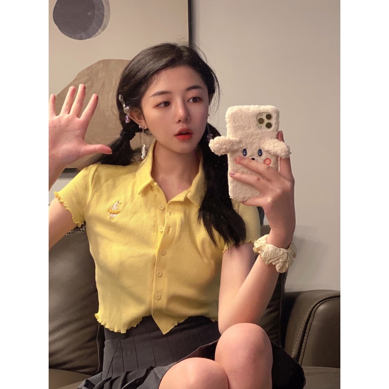 Áo Thun Polo Dệt Kim Tay Ngắn Dáng Rộng Thêu Họa Tiết Xinh Xắn Thời Trang Mùa Hè Phong Cách Hàn Quốc Cho Nữ