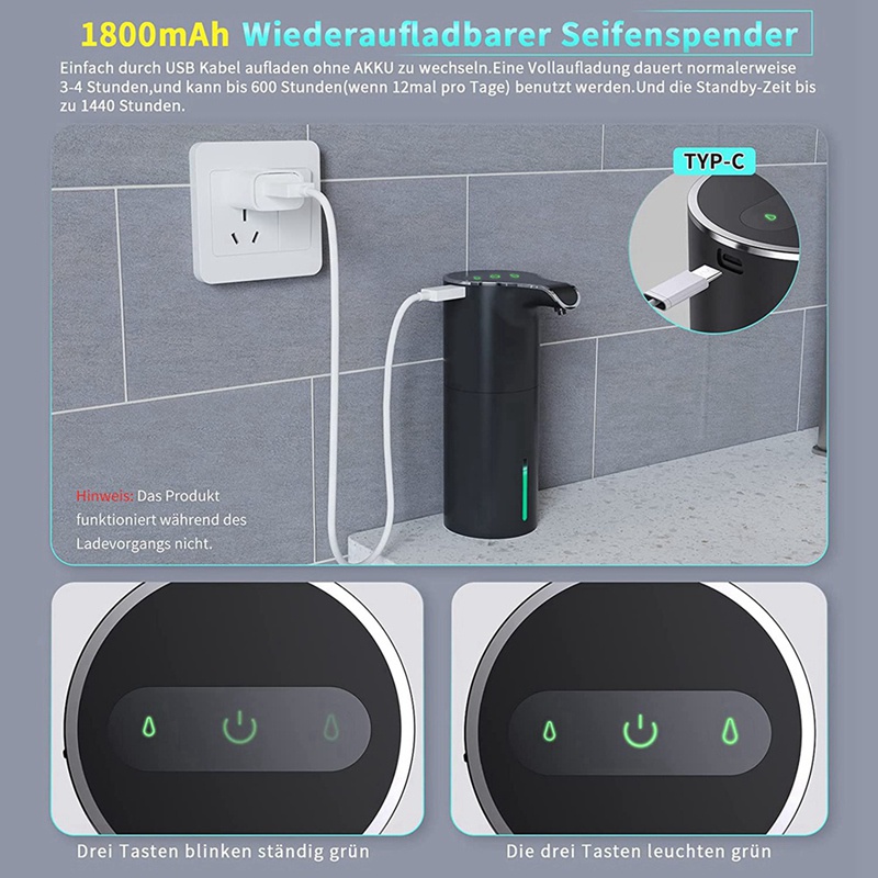 Bình Đựng Xà Phòng Tự Động Màu Đen Có Thể Sạc Lại Tiện Dụng
