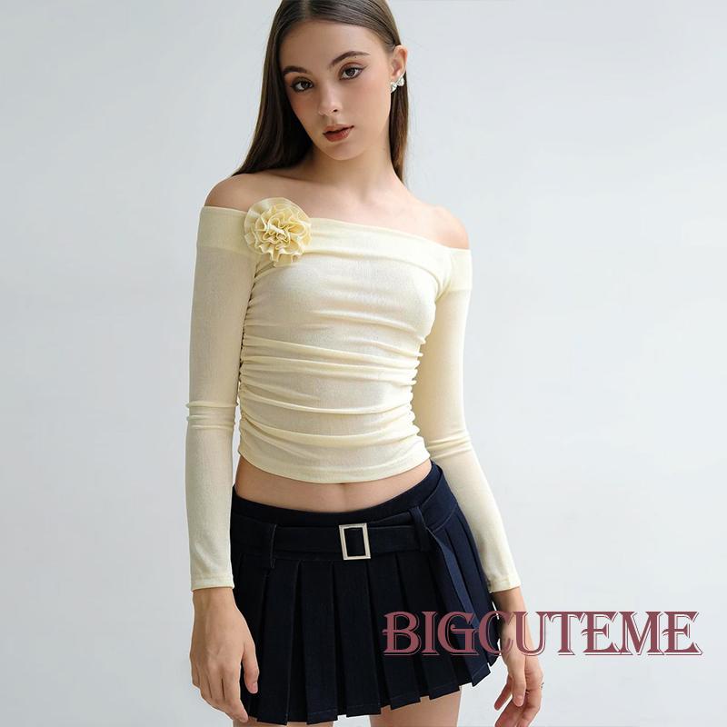 Áo Sơ Mi Tay Dài Trễ Vai Màu Trơn In Họa Tiết Hoa Thời Trang Xuân Hè Xinh Xắn Cho Nữ