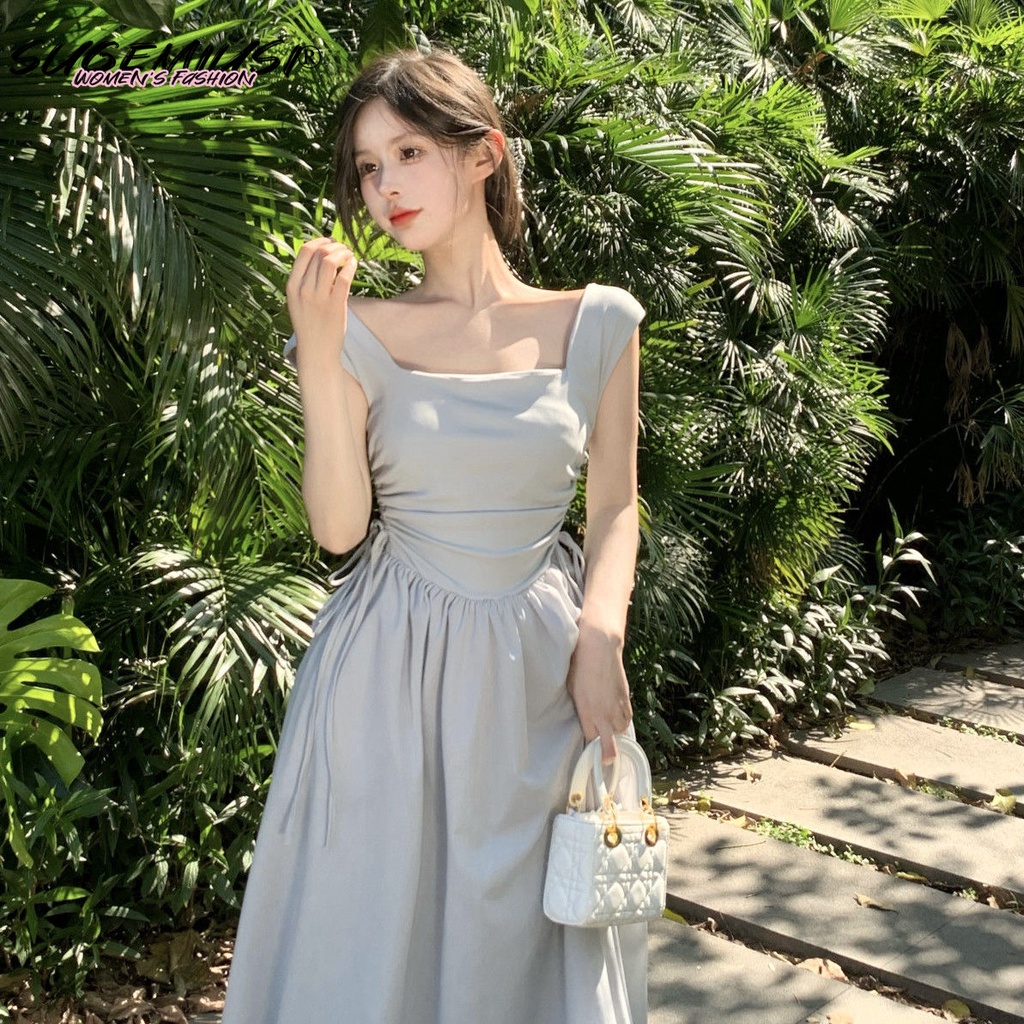 Sugemiusi Đầm Cổ Vuông Màu Trơn Quyến Rũ Thời Trang Phương Tây Dễ Phối Đồ