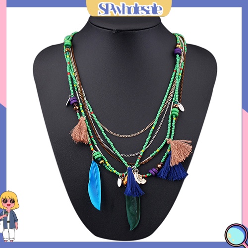 &lt;SPwholesale&gt; Vòng cổ Nhiều Lớp Đính Hạt Và Lông Vũ Phong Cách Boho