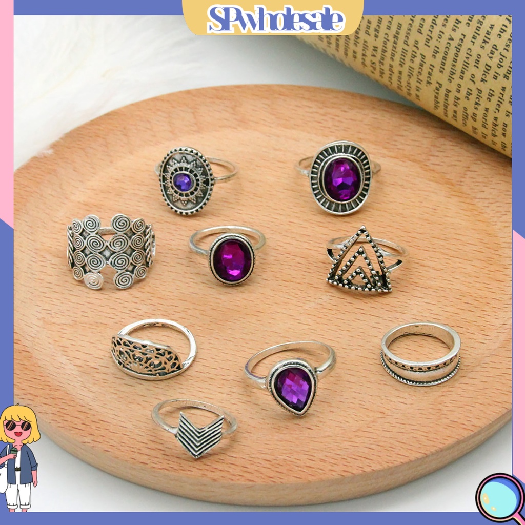 <SPwholesale> Bộ 9 Nhẫn Hợp Kim Đính Đá Tím Nhân Tạo Phong Cách Bohemia