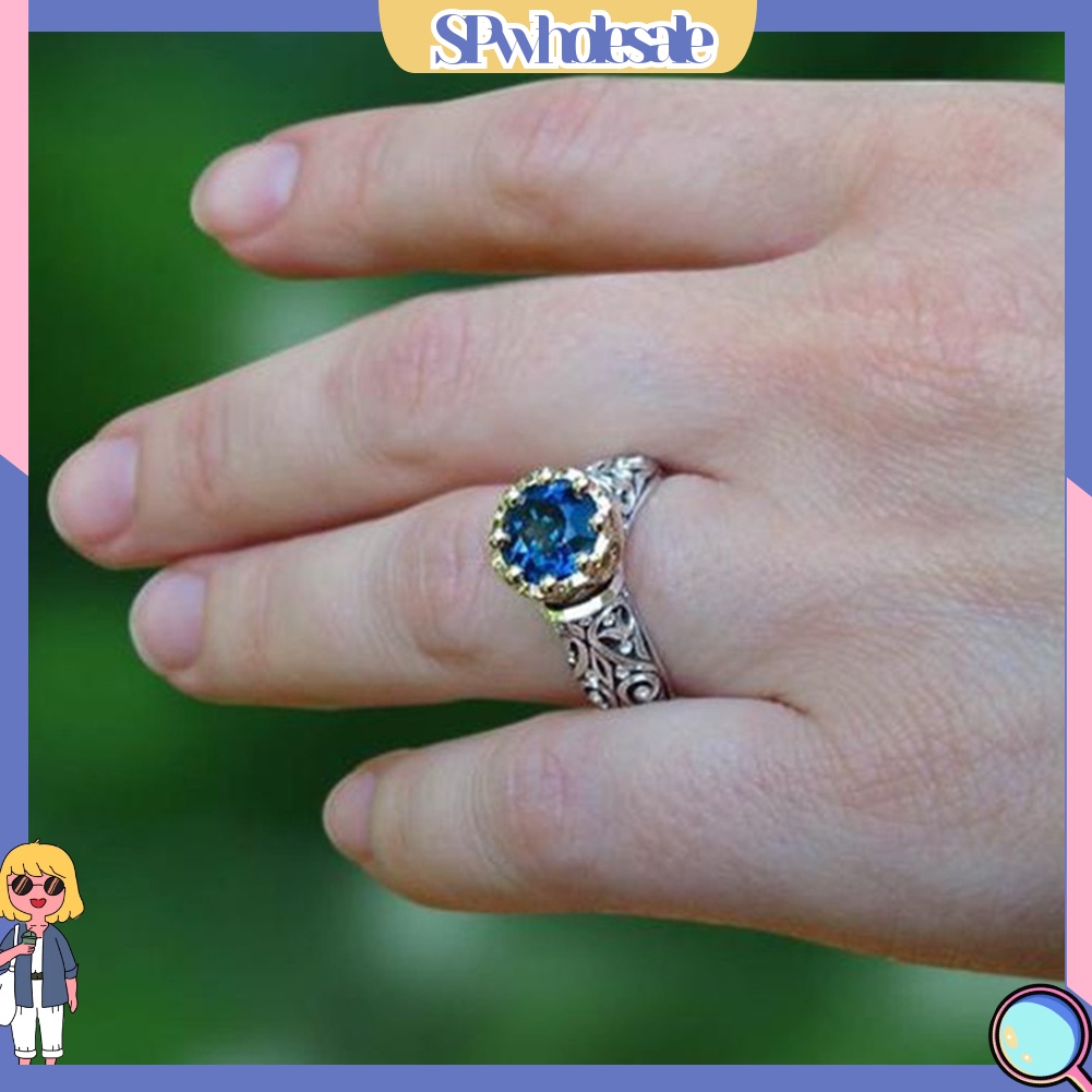 <SPwholesale> Nhẫn Mạ Bạc Đính Đá Topaz Nhân Tạo Phong Cách Vintage Thời Trang